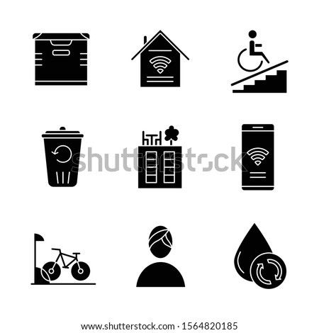 Apartment amenities glyph icons set. Storage, smart home, wheelchair access, rooftop deck, iInternet access, bike parking, spa, water filtration. Silhouette symbols. Vector isolated illustration