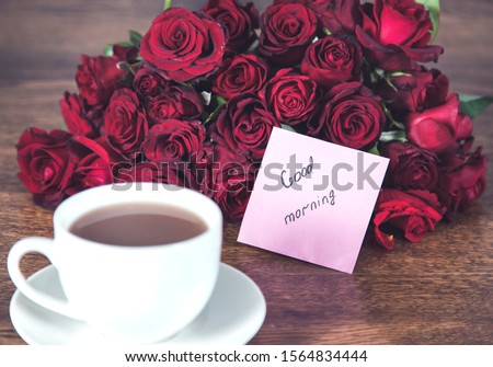 good morning text with cup of coffee and roses