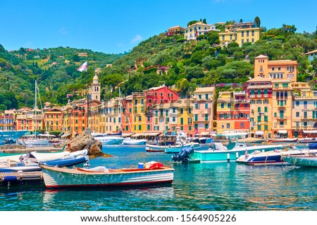 View of Portofino town and port with boats, Italy Royalty-Free Stock Photo #1564905226