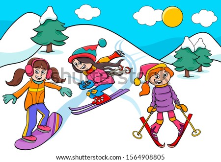 Cartoon Illustrations of Snowboarding and Skiing Girls Characters on Winter Time