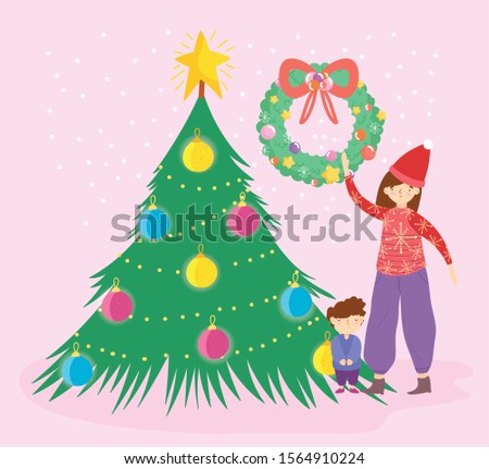 mom son with wreath and tree merry christmas, happy new year vector illustration