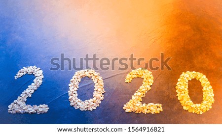 Christmas decoration. New year 2020 figures made of oatmeal on dark background. Christmas concept with oat flakes. Decorative design Christmas with New year 2020. Top view. Flat lay