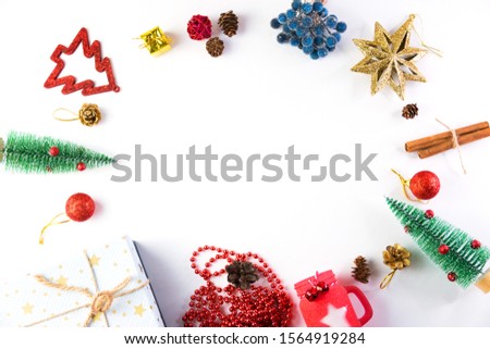 Holiday background, New Year and Christmas decorations circle flat lay on white background