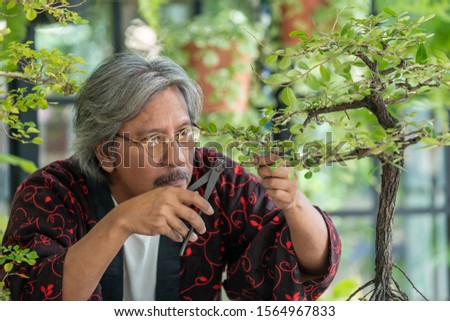 Happy relax asian senior man enjoying with his garden. Retirement old man gardening his tree plant in his greenhouse. Retirement senior old age hobby lifestyle and mental health care concept.