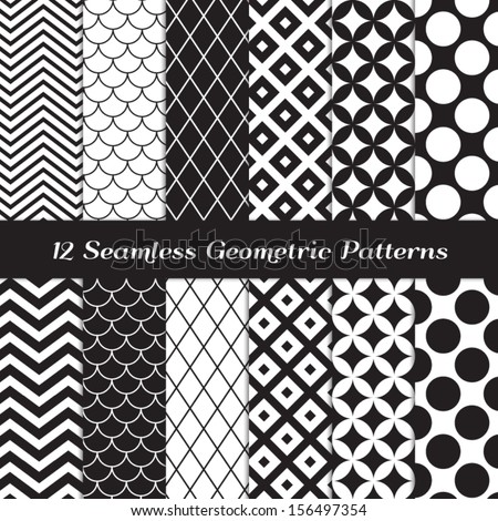 Black and White Geometric Seamless Patterns. Retro Mod Backgrounds in Chevron, Polka Dot, Diamond, Checkerboard, Stars, Triangles, Herringbone and Stripes Patterns. Pattern Swatches with Global Colors