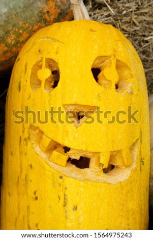 On a bale of straw lies a pumpkin with holes in its eyes, nose and mouth cut out in it. Pumpkin with a smile on Halloween.