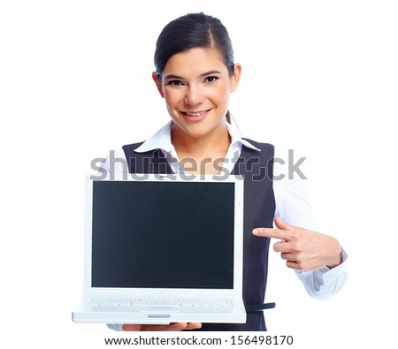 Beautiful business woman with laptop. Isolated on white background.
