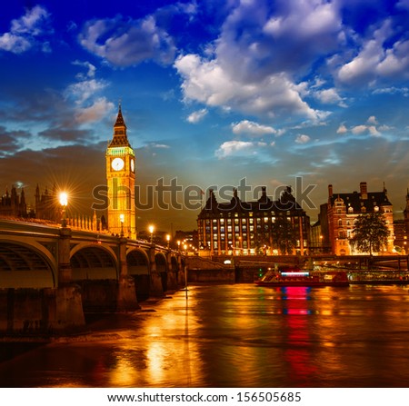 Stunning sunset view of London skyline. The Houses of Parliament and Westminster Bridge with Big Ben Tower.