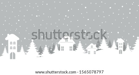 Fairy tale winter landscape. Seamless border. Christmas background. There are white silhouettes of fantastic houses and tree background. Vector illustration