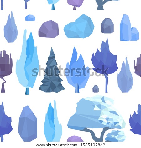 Winter tree and stones pattern. Landscape elements background. Low poly trees and ice rock. Winter backdrop of nature season elements. Christmas, New Year forest woods. Ice forest tree vector pattern