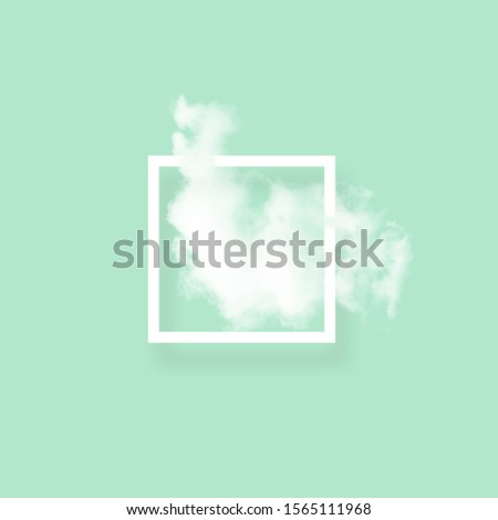 Soft sky cloud in photo frame illustration. Square white border with fluffy cotton candy isolated on blush green color background. Creative artistic composition, minimalistic stylish design element