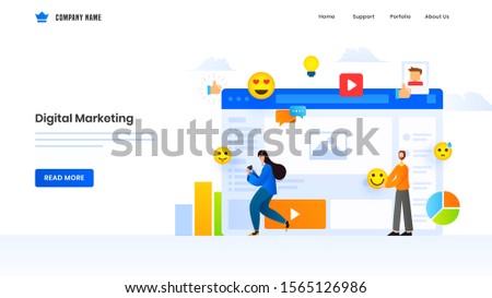 Digital Marketing concept based landing page design with man and woman using online social media elements.