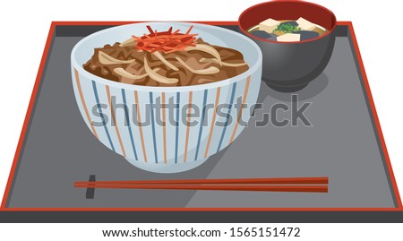 Illustration of beef bowl and miso soup Japanese food 