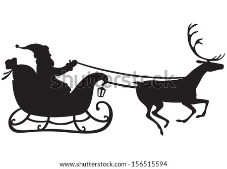 Silhouette of Santa Claus riding a sleigh pulled by reindeer, and carries a sack of gifts Royalty-Free Stock Photo #156515594