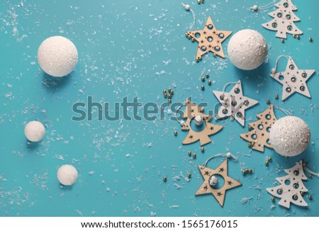 Christmas  composition on blue background. Holiday concept. Flat lay, copy space. with copy space
