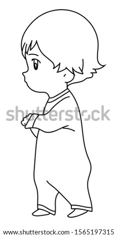 A small child standing looking at something. A small child walks - coloring page