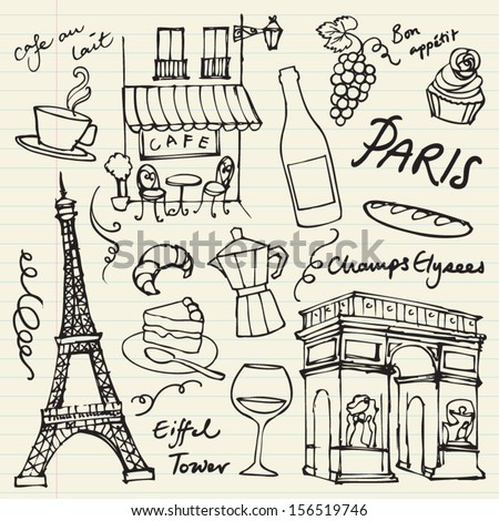 Set of Paris landmarks and icons doodle vector
