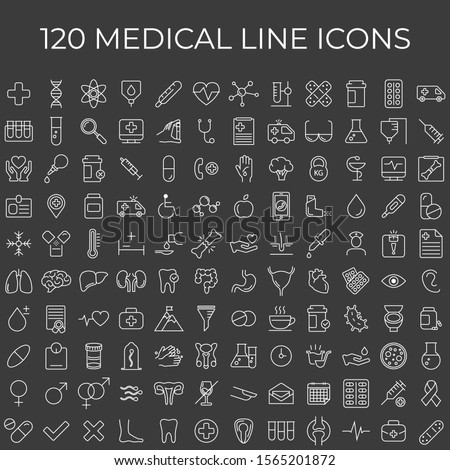 Set of 120 vector line icons and symbols in flat design medicine and health with elements for mobile concepts and web apps. Collection of modern medical and health life infographic logo and pictogram.