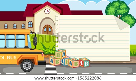 Paper template with school bus  on the road background illustration