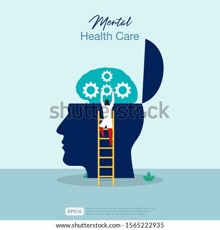 Mental health care treatment vector illustration concept. specialist doctor work  to give psychology therapy. Tiny people character with ladder design. Banner, poster, or media social printing Royalty-Free Stock Photo #1565222935