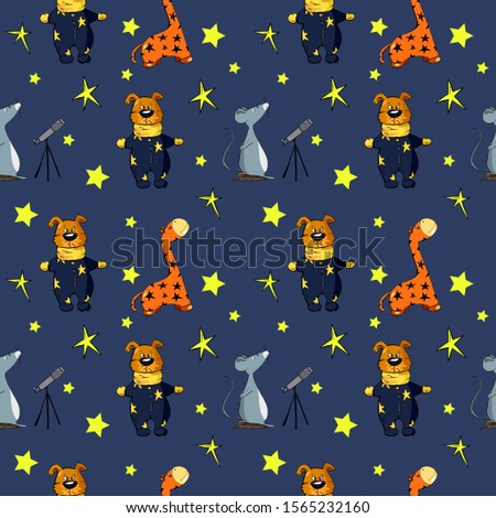 Seamless pattern space for boys, star, cute animal mouse, dinosaur, dog cartoon hand drawn vector illustration. Can be used for t-shirt print, kids wear fashion design, baby shower invitation card