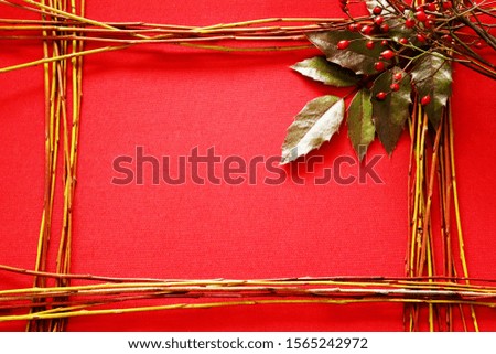 Christmas or New Year card. Frame of branches. Green leaves of mahonia and branches with red berries of a wild rose. There is a place for your text.