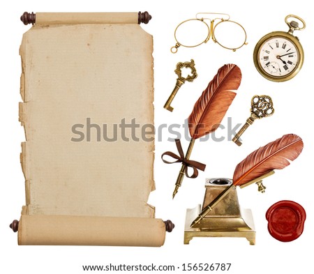 Old vintage paper scroll and antique accessories isolated on white background. Parchment, inkwell, ink pen, clock, key, seal, glasses