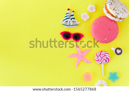 beach accessories On a yellow background. board travel vacation resort