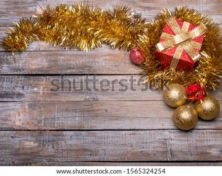 Holiday Christmas wood wallpaper.  Christmas ornaments background in top view flat lay, Christmas backdrop and artwork design 