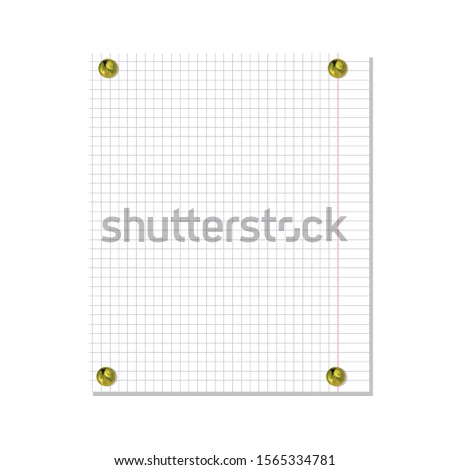 Vector Notebook Paper Sheet Attached by Golden Realistic Pin Buttons Isolated on White Background, Mock Up Template.