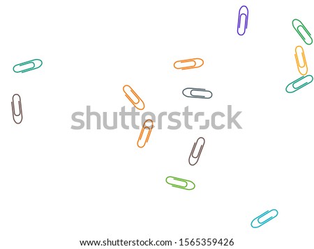 Stationary colored paper clips isolated on white vector background. Purple, cyan blue, green, orange paperclips memo note and documents staple attach tools illustration. Plastic paperclips backdrop.