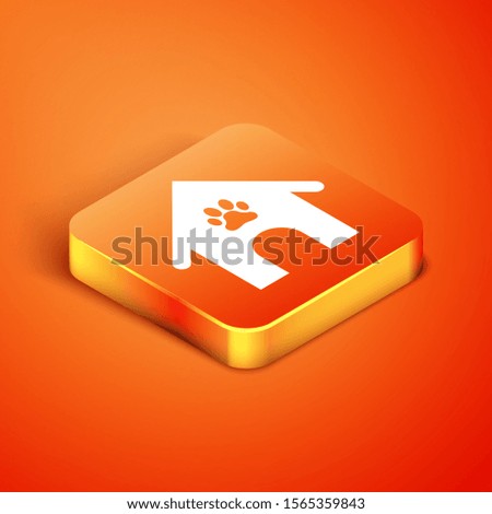 Isometric Dog house and paw print pet icon isolated on orange background. Dog kennel.  Vector Illustration