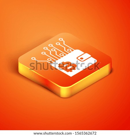 Isometric Cryptocurrency wallet icon isolated on orange background. Wallet and bitcoin sign. Mining concept. Money, payment, cash, pay icon.  Vector Illustration
