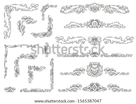 Vector set of gold decorative horizontal floral elements, corners, borders, frame and cartouches. Historical and decorative style of Baroque. Hand drawn sketches, engraving style. Page decoration. Royalty-Free Stock Photo #1565387047