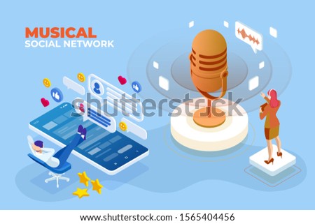Isometric Musical social network and digital sound wave concept. Musical melody design. Soundwave audio music. Voice message or recording voice.