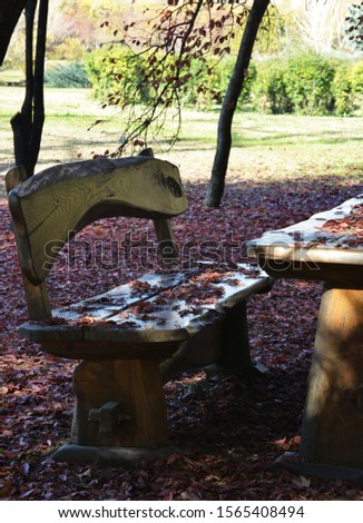 wooden bench and table  on  autumn in the park 