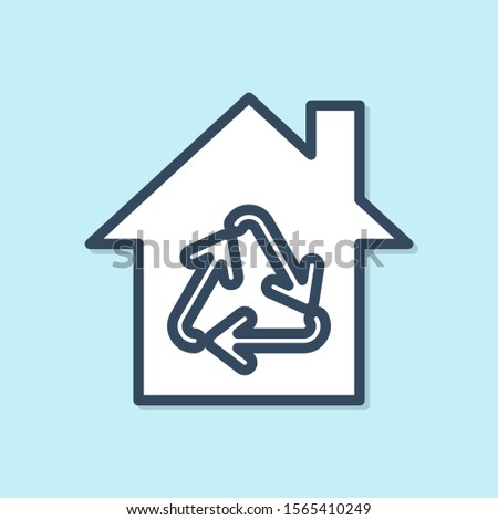 Blue line Eco House with recycling symbol icon isolated on blue background. Ecology home with recycle arrows.  Vector Illustration