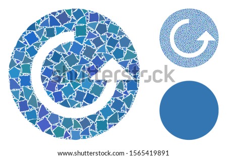 Repeat mosaic of tremulant items in different sizes and color tints, based on repeat icon. Vector rough items are grouped into collage. Repeat icons collage with dotted pattern.