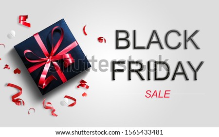 Black Friday Super Sale. Realistic black gifts boxes. glitter gold confetti, gift box with red bow. Horizontal banner, poster, header website