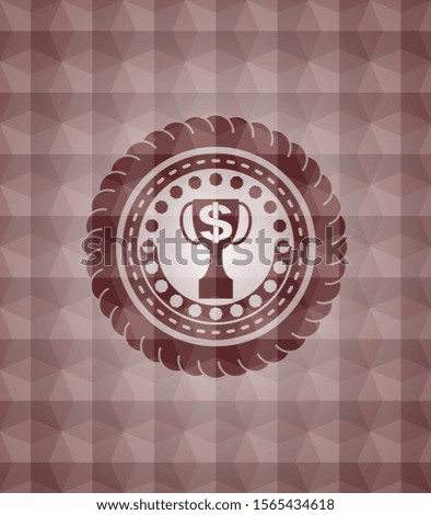 trophy with money symbol inside icon inside red seamless badge with geometric pattern background.