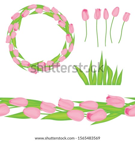 Spring set with tulips for the design of a postcard or invitation on a white background.