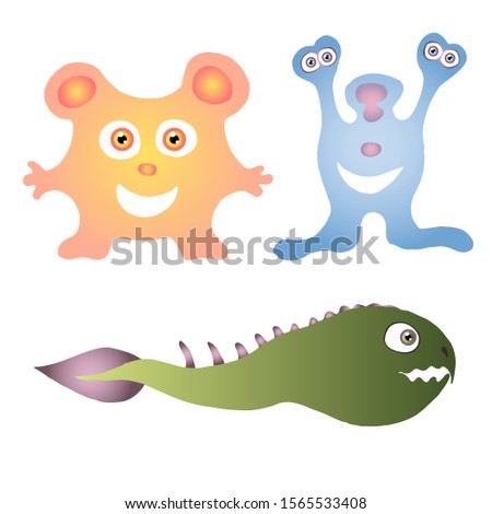 Vector unknown alien creatures isolated on white. Animals and monsters in cartoon style. Look like mouse, fish, bacteria