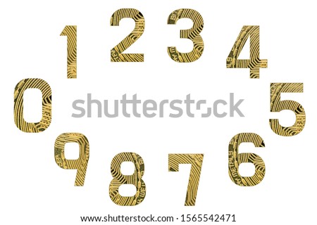 Set of bitcoin numbers, isolated. Digits in cryptocurrency style from zero to nine. Numbers 0, 1, 2, 3, 4, 5, 6, 7, 8, 9. Texture for design