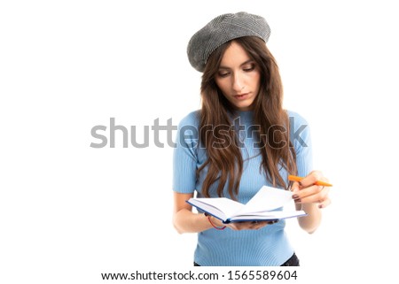 Caucasian female with note, picture isolated on white background