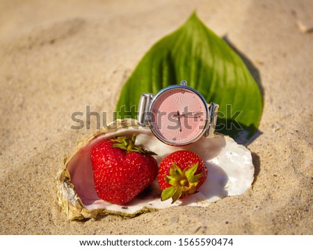 clock in the sand with a shell