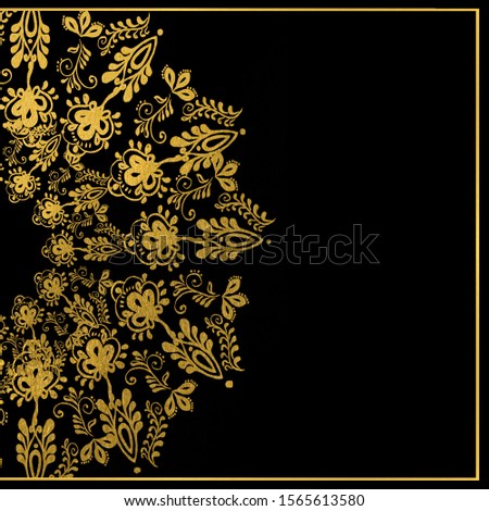 Elegant gold circle element for design template on the black background, place for text.Floral border. Lace decor. Black and gold.  Hand drawn template for greeting, christmas, wedding card 