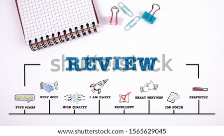Review. Survey, evaluation, support and report concept. Office supplies on a white table. Horizontal web banner