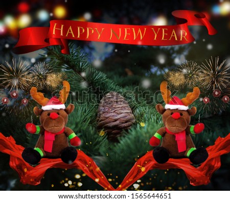 Happy New Year red ribbon with Christmas tree and two reindeers