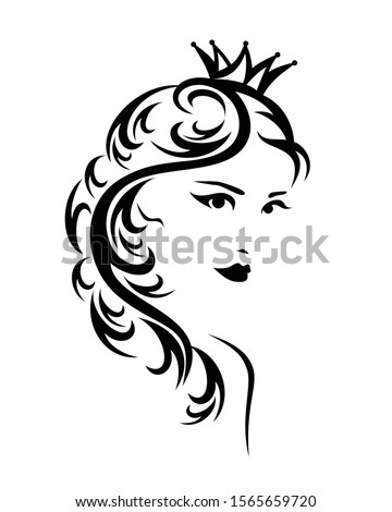 beautiful princess girl with long hair wearing royal crown - black and white vector queen portrait