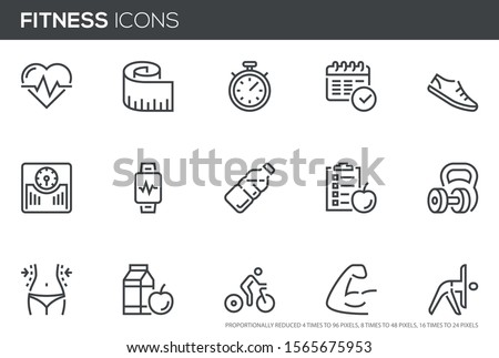 Fitness Vector Line Icons Set. Healthy Lifestyle, Sport, Diet, Workout. Editable stroke. Perfect pixel icons, such can be scaled to 24, 48, 96 pixels. Royalty-Free Stock Photo #1565675953
